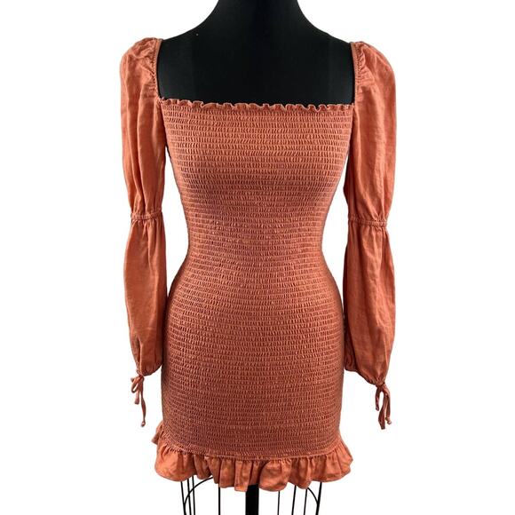 Reformation Hilary Coral Mini Smocked Dress Linen Square Double Puff Sleeves L - Picture 2 of 10